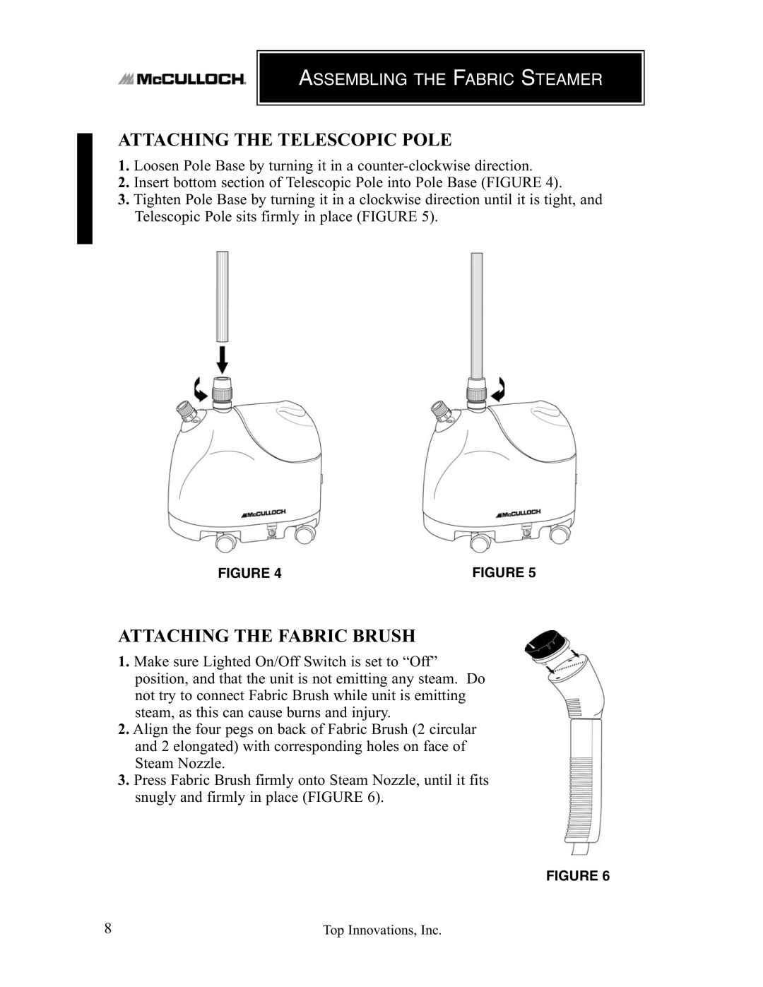 Top Innovations MC1407 warranty Attaching the Telescopic Pole, Attaching the Fabric Brush 