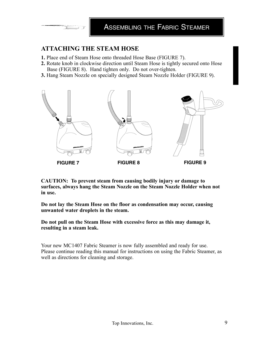 Top Innovations MC1407 warranty Attaching the Steam Hose 