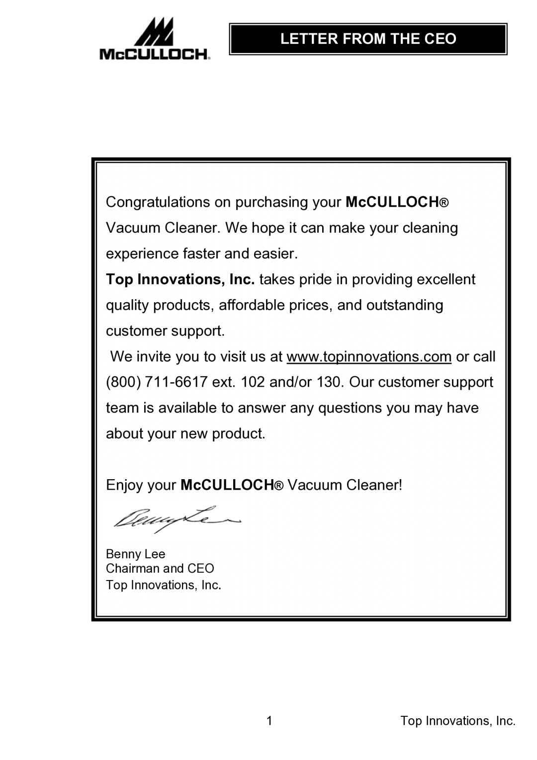 Top Innovations MC1910 warranty Letter from the CEO 