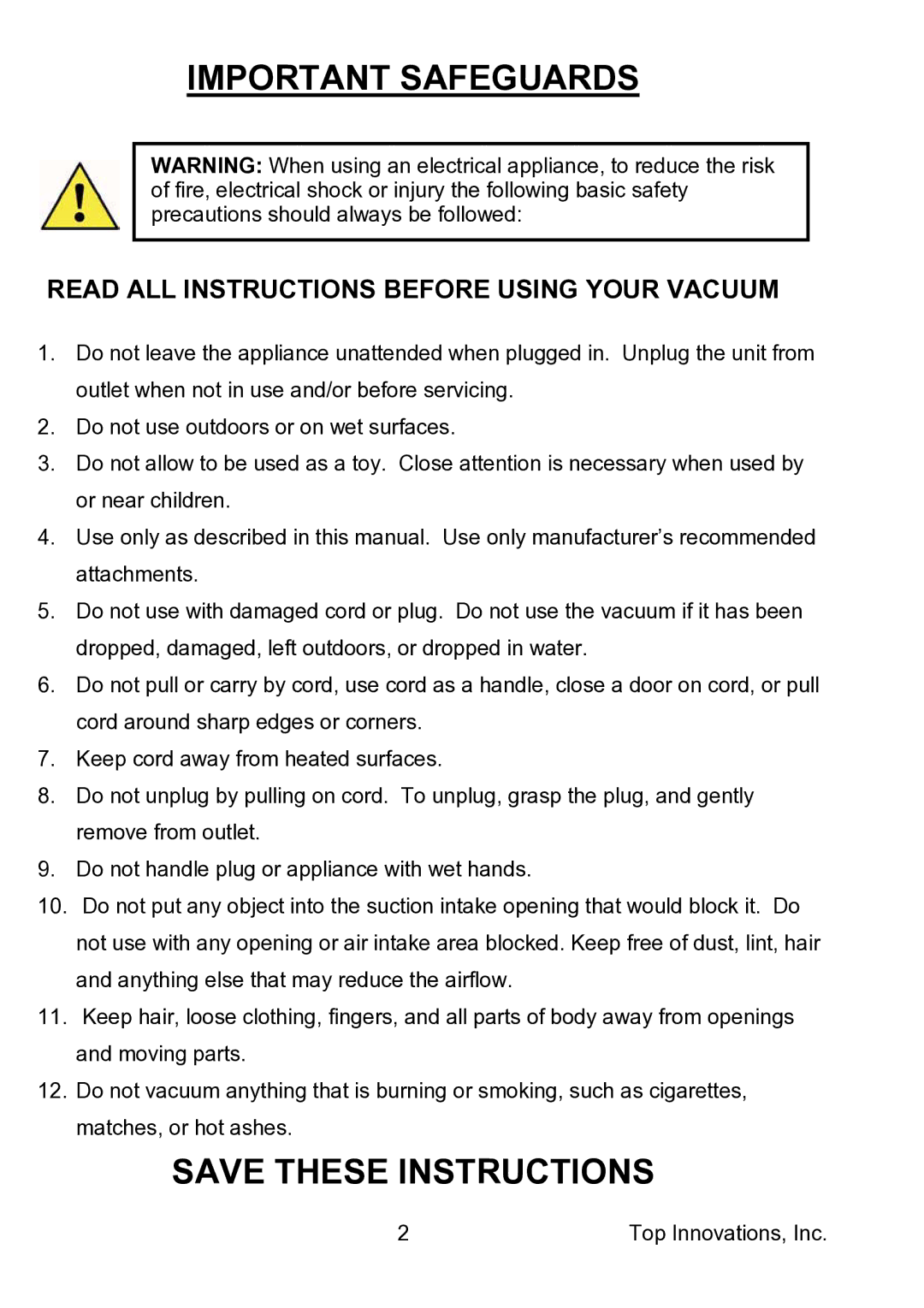 Top Innovations MC1910 warranty Important Safeguards 