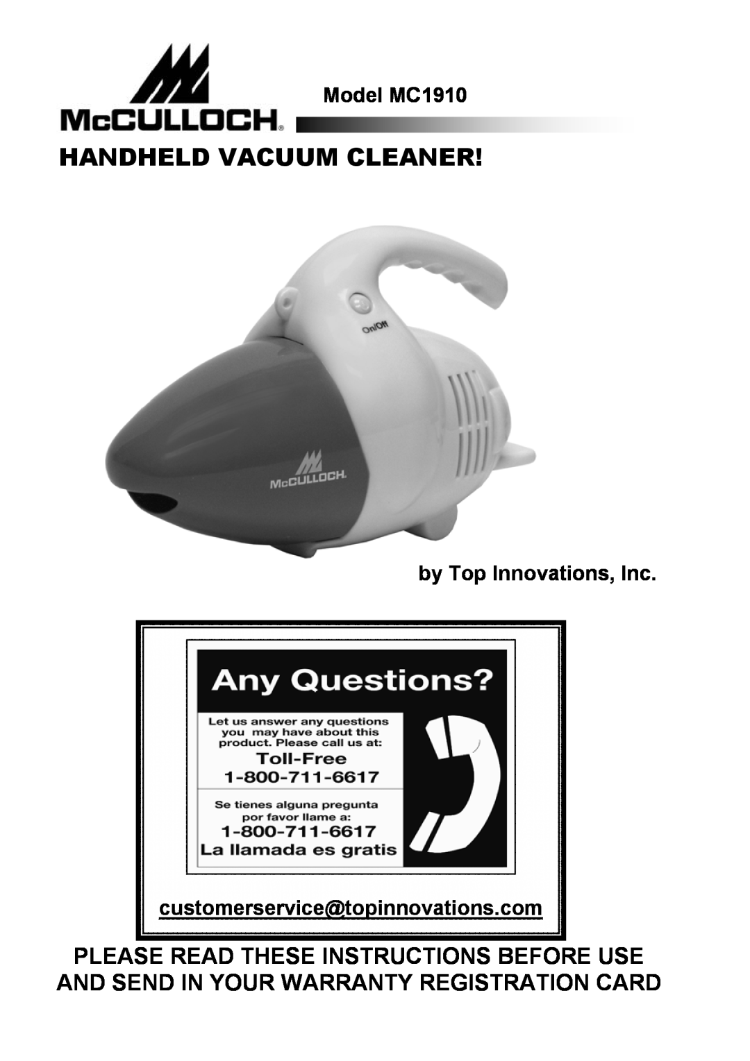 Top Innovations warranty Handheld Vacuum Cleaner, Model MC1910, by Top Innovations, Inc 
