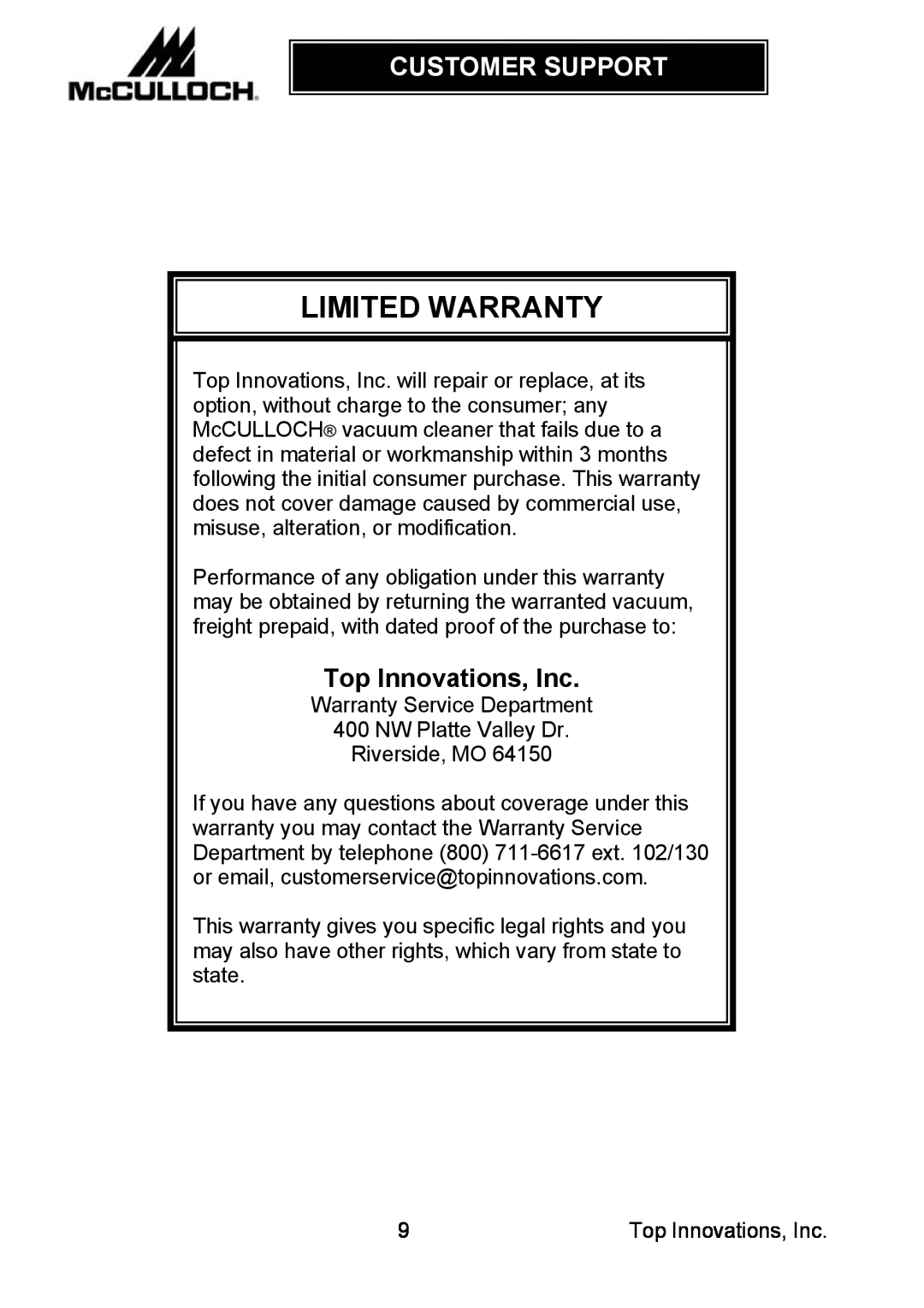 Top Innovations MC1910 warranty Limited Warranty, Customer Support, Top Innovations, Inc 