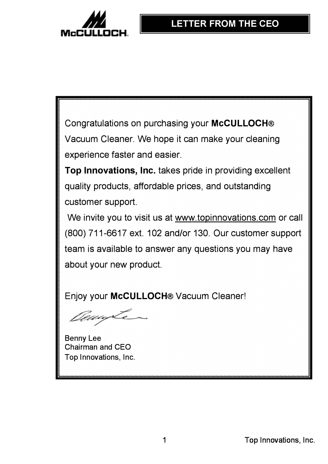 Top Innovations MC1910 warranty Letter From The Ceo 