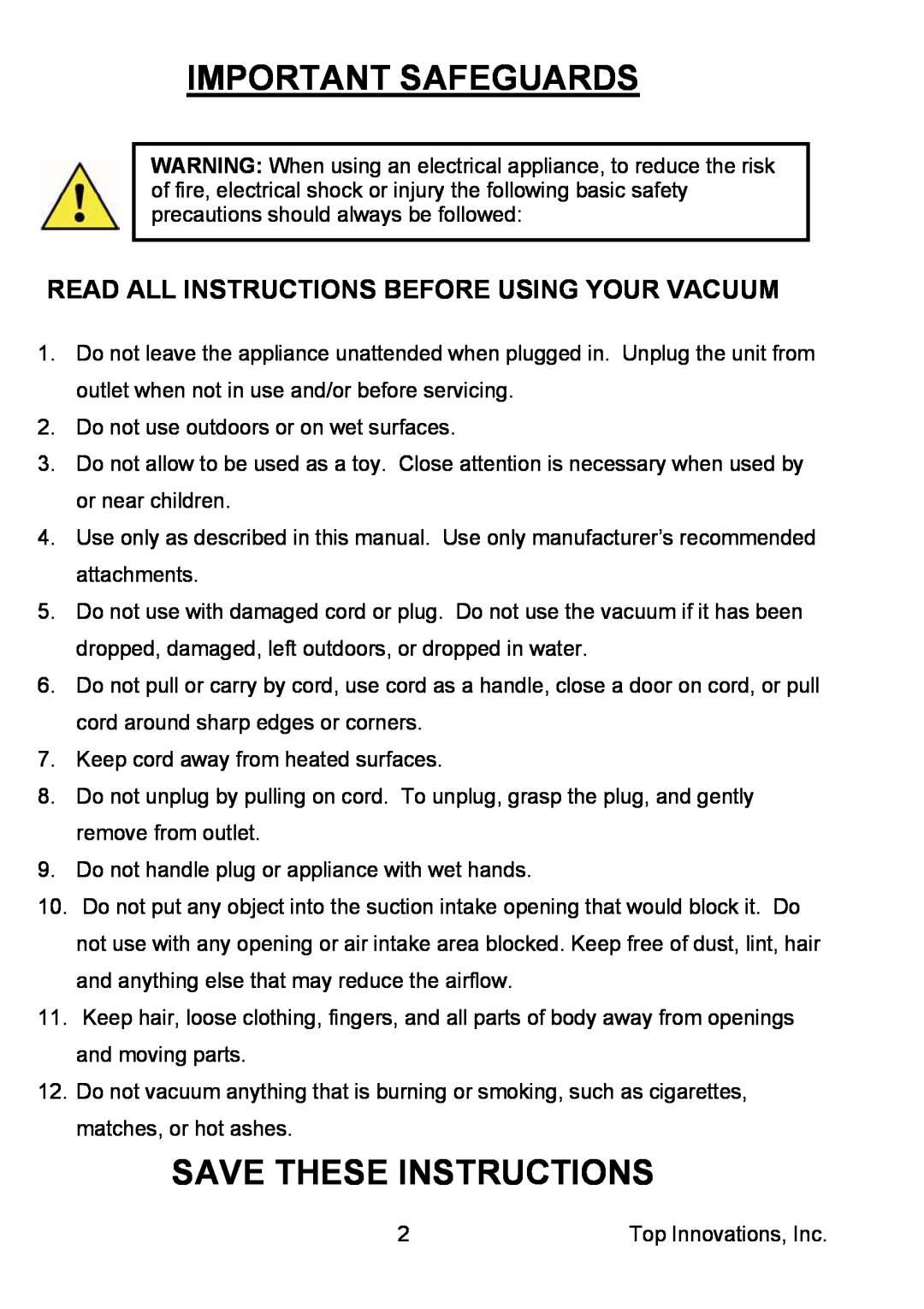 Top Innovations MC1910 Important Safeguards, Save These Instructions, Read All Instructions Before Using Your Vacuum 