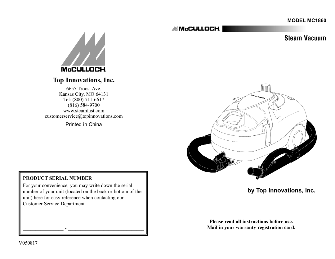 Top Innovations MODEL MC1860 warranty Top Innovations, Inc, Product Serial Number 