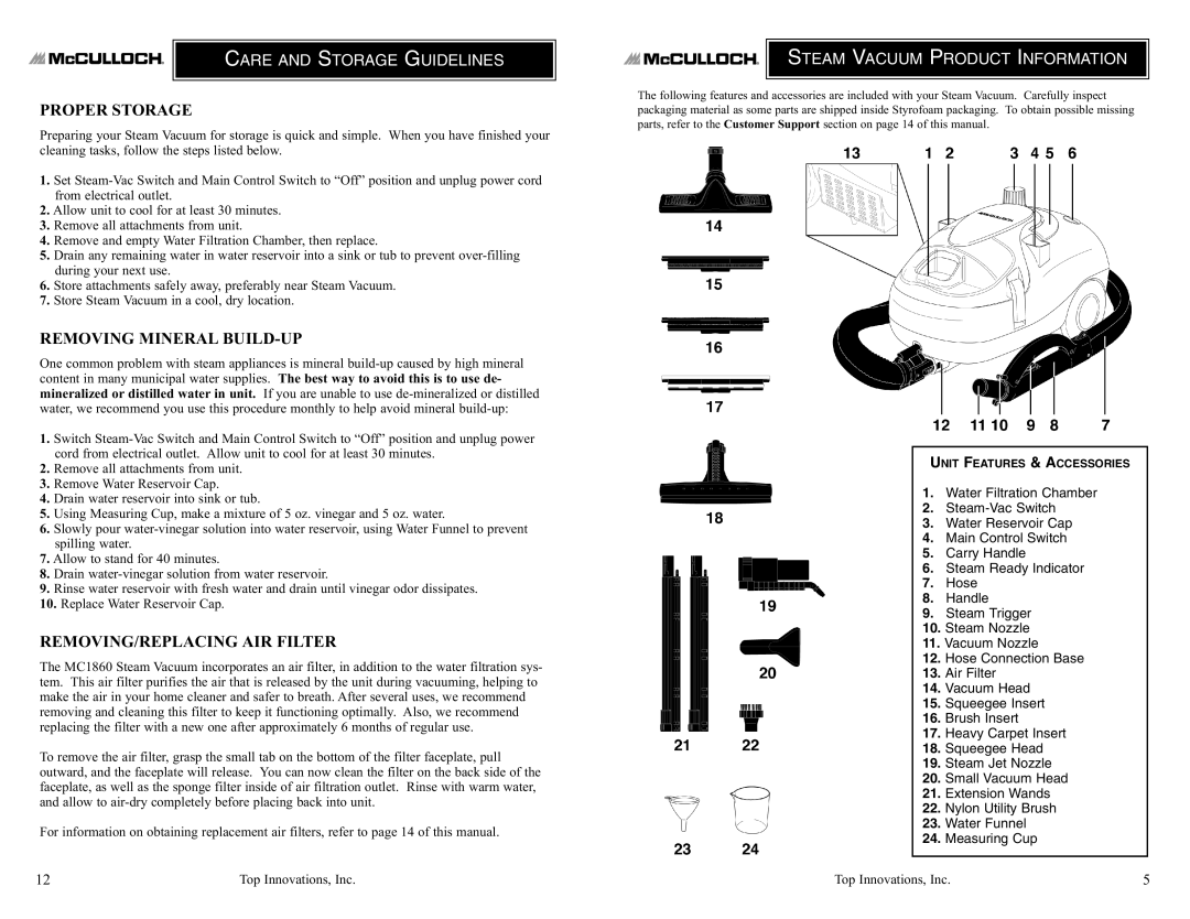 Top Innovations MODEL MC1860 warranty Proper Storage, Removing Mineral BUILD-UP, REMOVING/REPLACING AIR Filter 