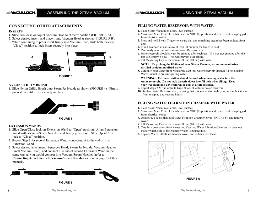 Top Innovations MODEL MC1860 warranty Connecting Other Attachments, Filling Water Reservoir with Water 
