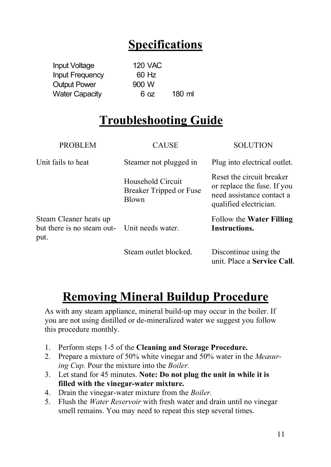 Top Innovations SF-220 instruction manual Specifications, Troubleshooting Guide, Removing Mineral Buildup Procedure 