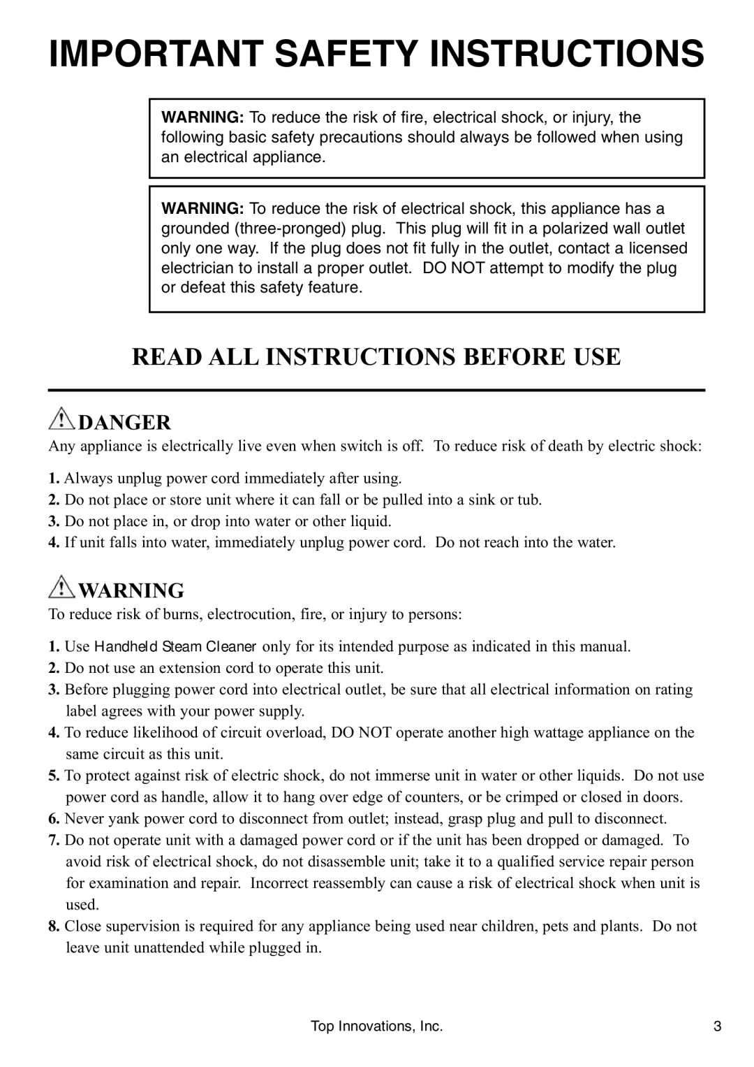 Top Innovations SF-226 warranty Important Safety Instructions 