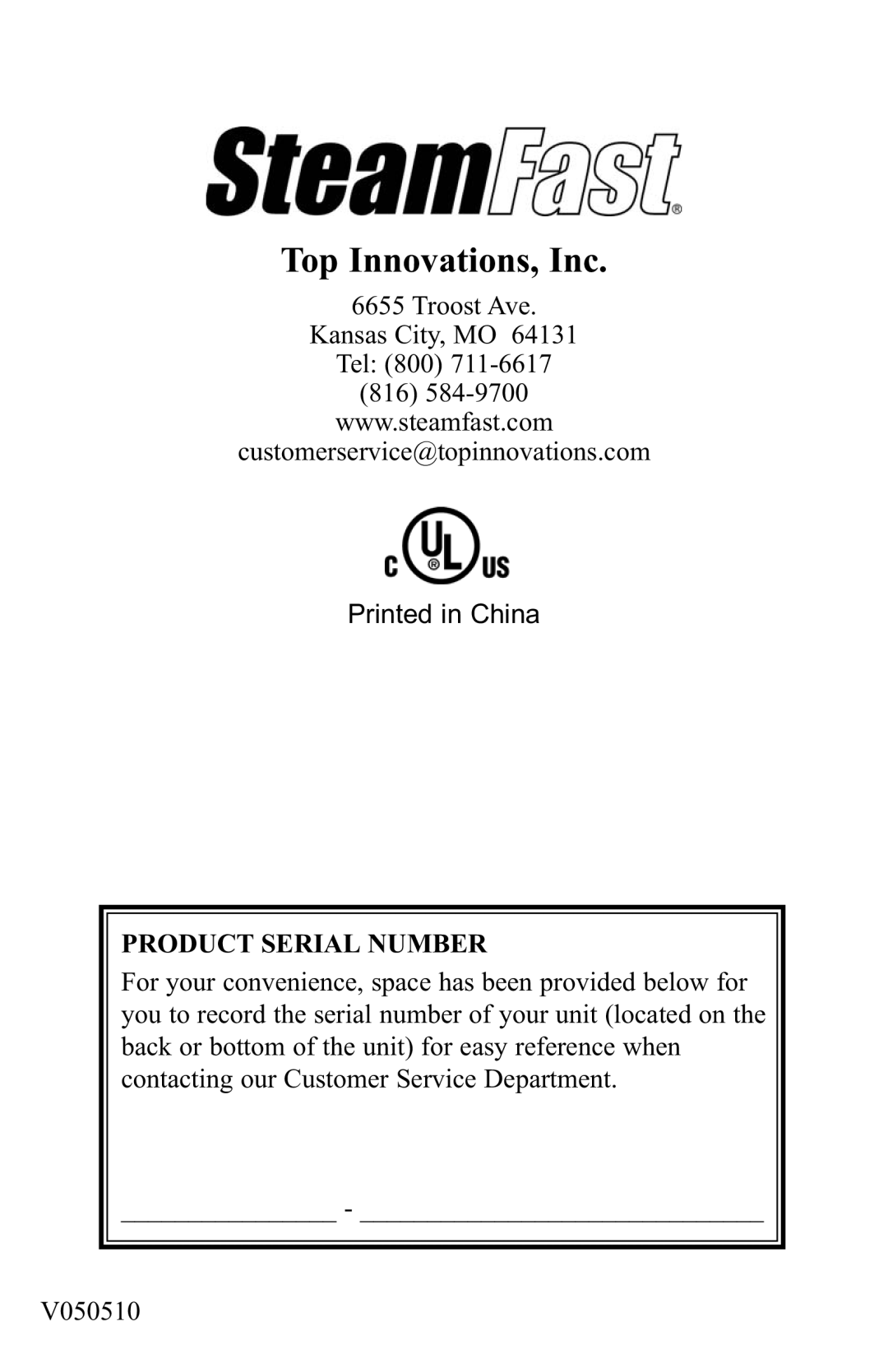 Top Innovations SF-407 warranty Top Innovations, Inc, Product Serial Number 