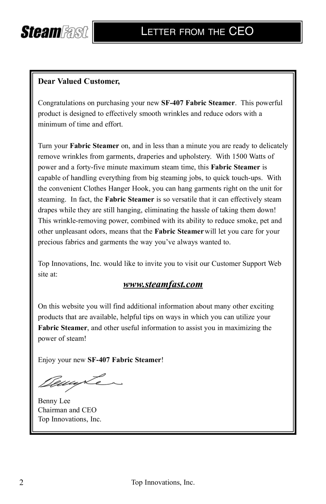 Top Innovations SF-407 warranty Letter from the CEO 