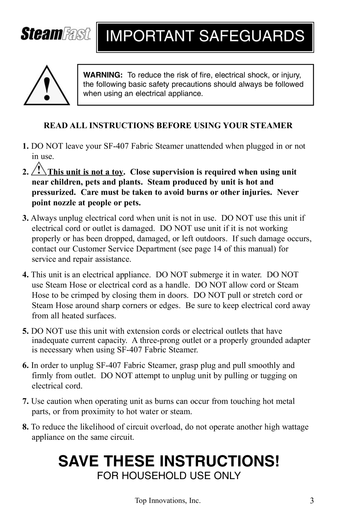 Top Innovations SF-407 warranty Important Safeguards 