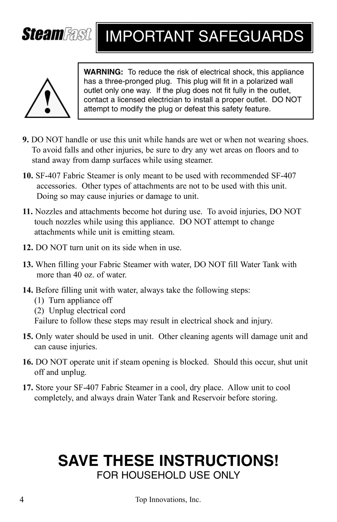 Top Innovations SF-407 warranty Important Safeguards 
