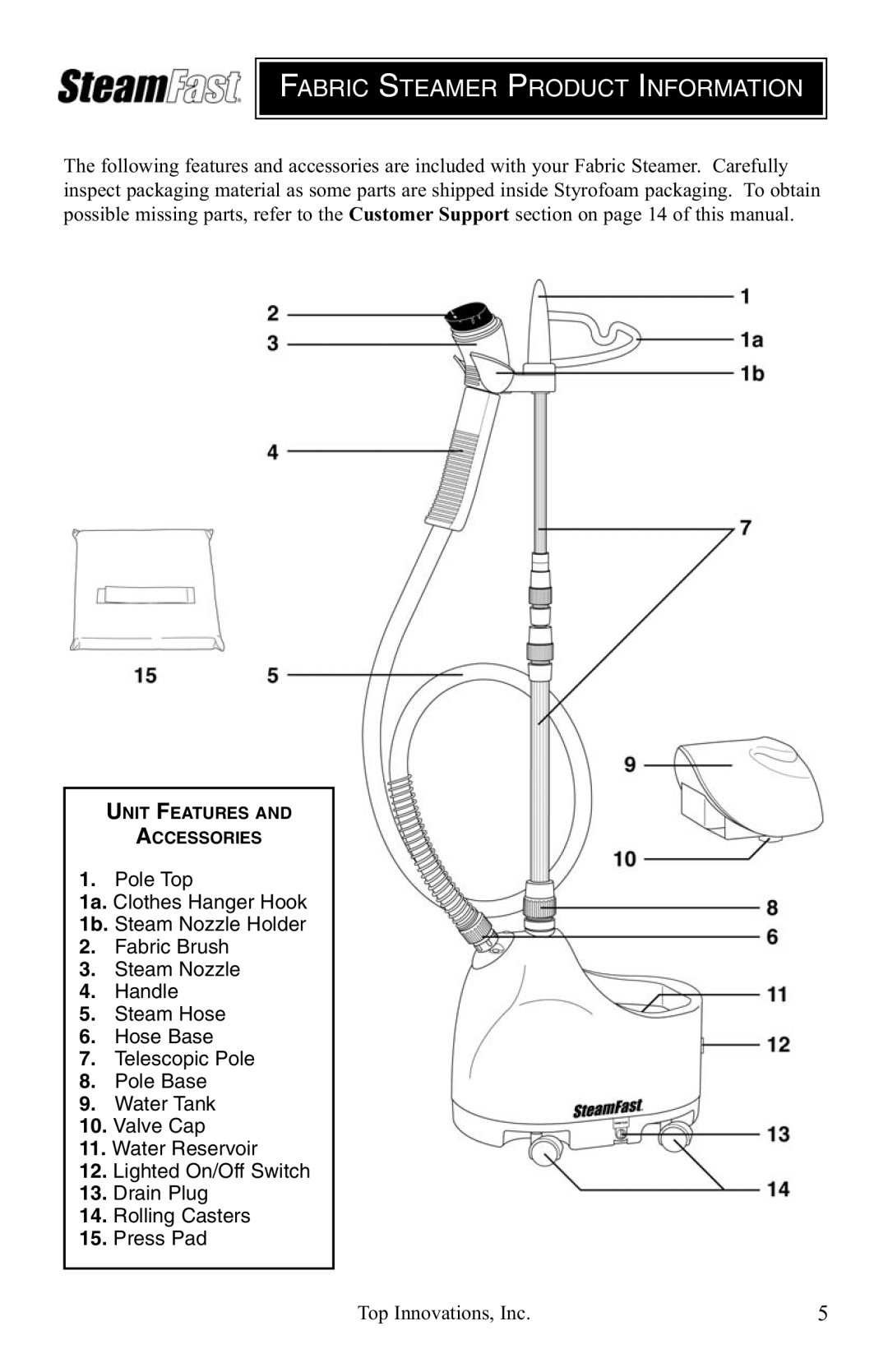 Top Innovations SF-407 warranty Fabric Steamer Product Information 