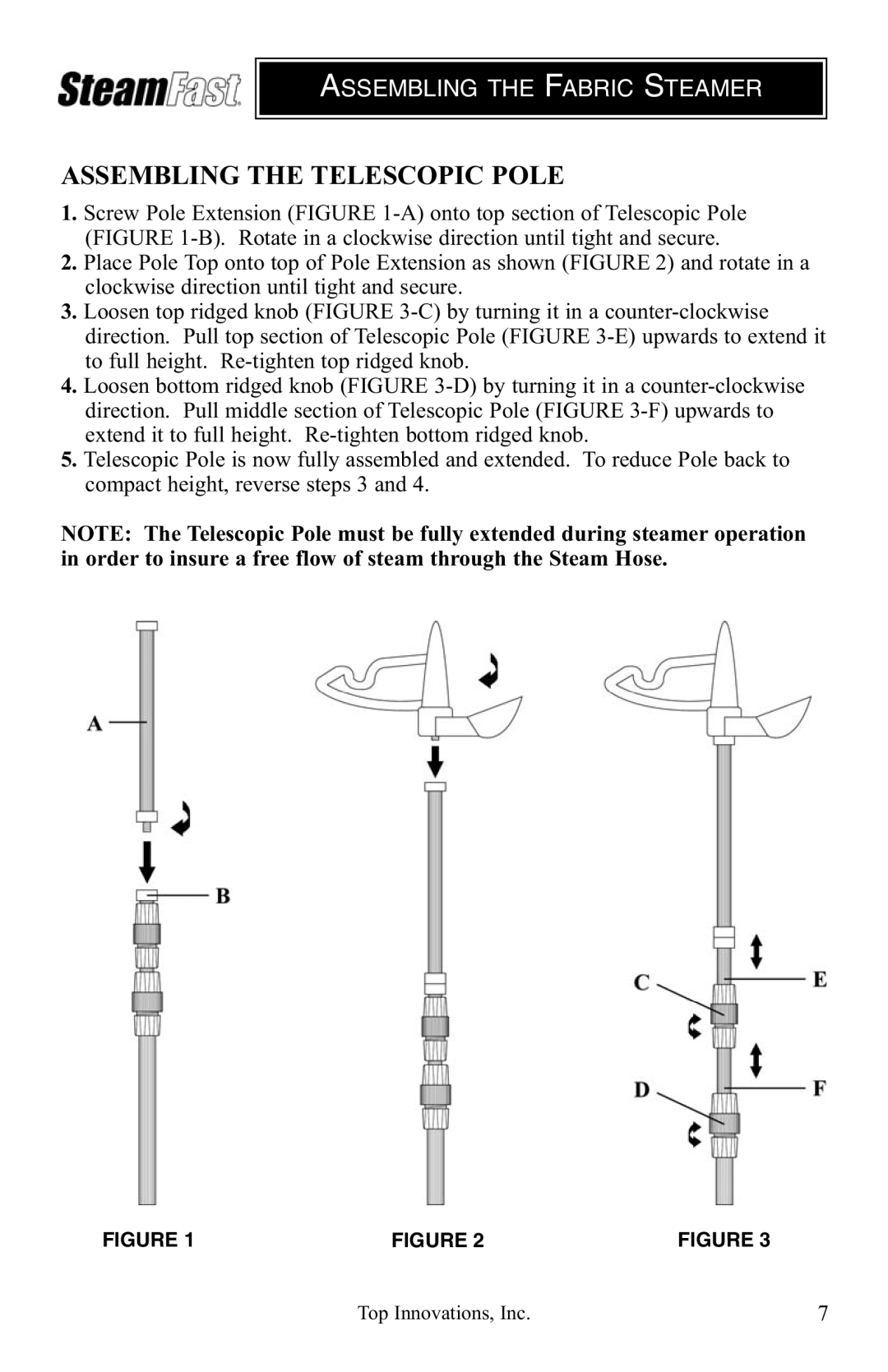 Top Innovations SF-407 warranty Assembling the Telescopic Pole 