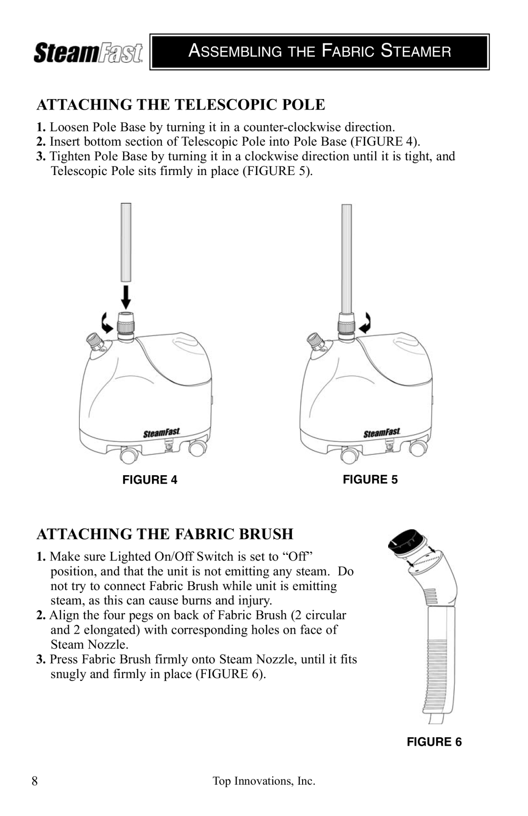 Top Innovations SF-407 warranty Attaching the Telescopic Pole, Attaching the Fabric Brush 