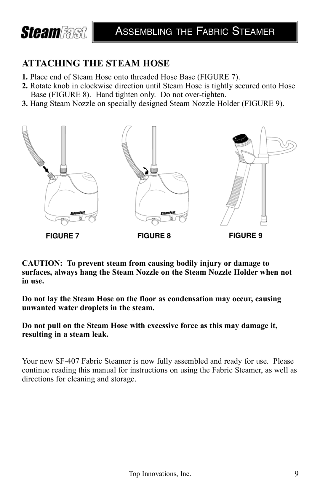 Top Innovations SF-407 warranty Attaching the Steam Hose 