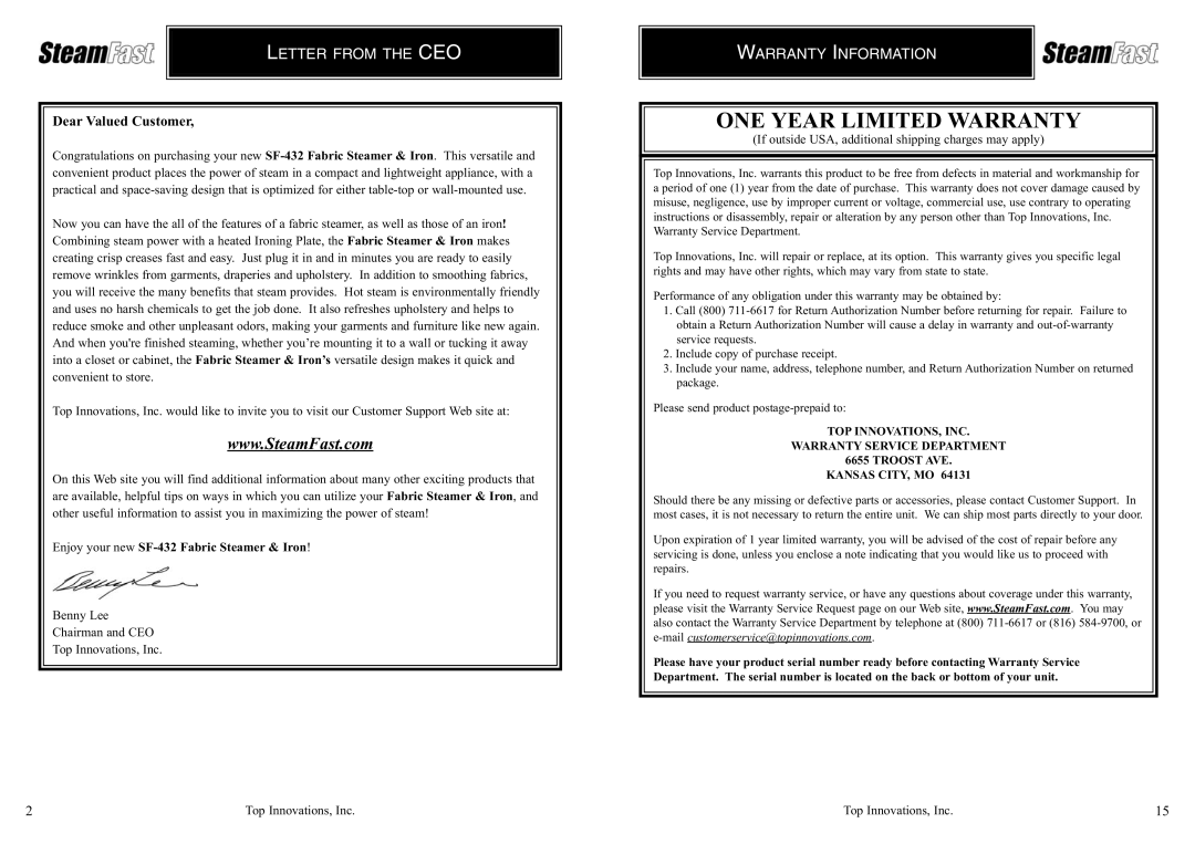 Top Innovations SF-432 warranty Letter from the CEO, Warranty Information 