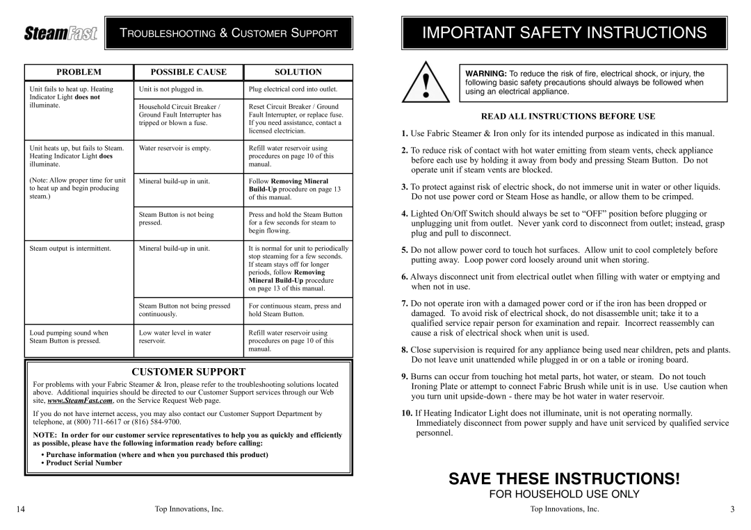 Top Innovations SF-432 warranty Important Safety Instructions, Troubleshooting & Customer Support 