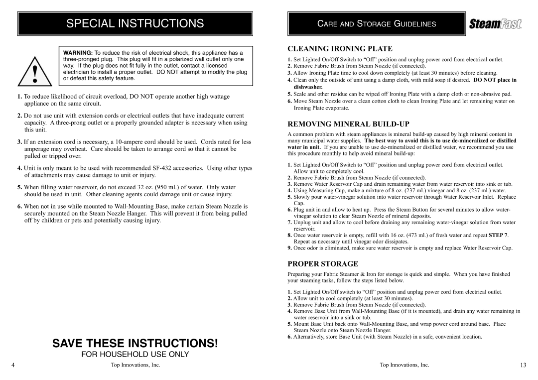 Top Innovations SF-432 warranty Special Instructions, Cleaning Ironing Plate, Removing Mineral BUILD-UP, Proper Storage 