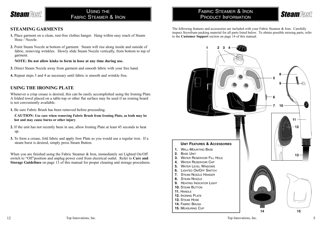 Top Innovations SF-432 warranty Steaming Garments, Using the Ironing Plate, Using Fabric Steamer & Iron 