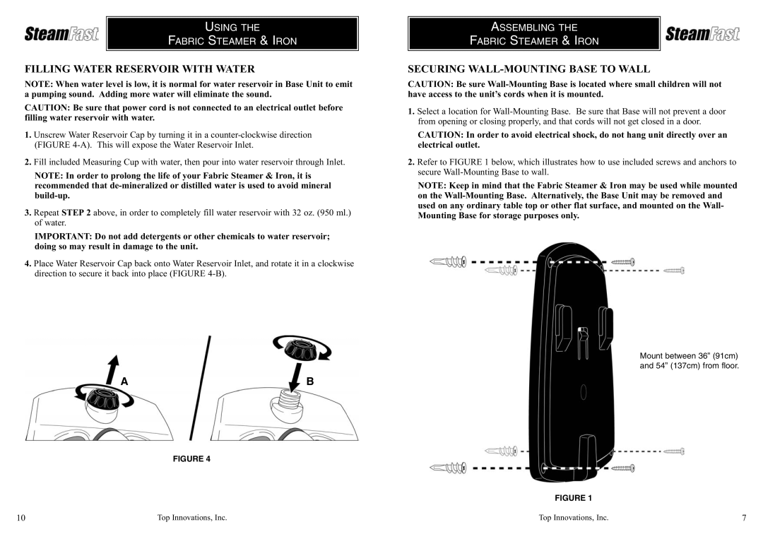 Top Innovations SF-432 warranty Filling Water Reservoir with Water, Securing WALL-MOUNTING Base to Wall 