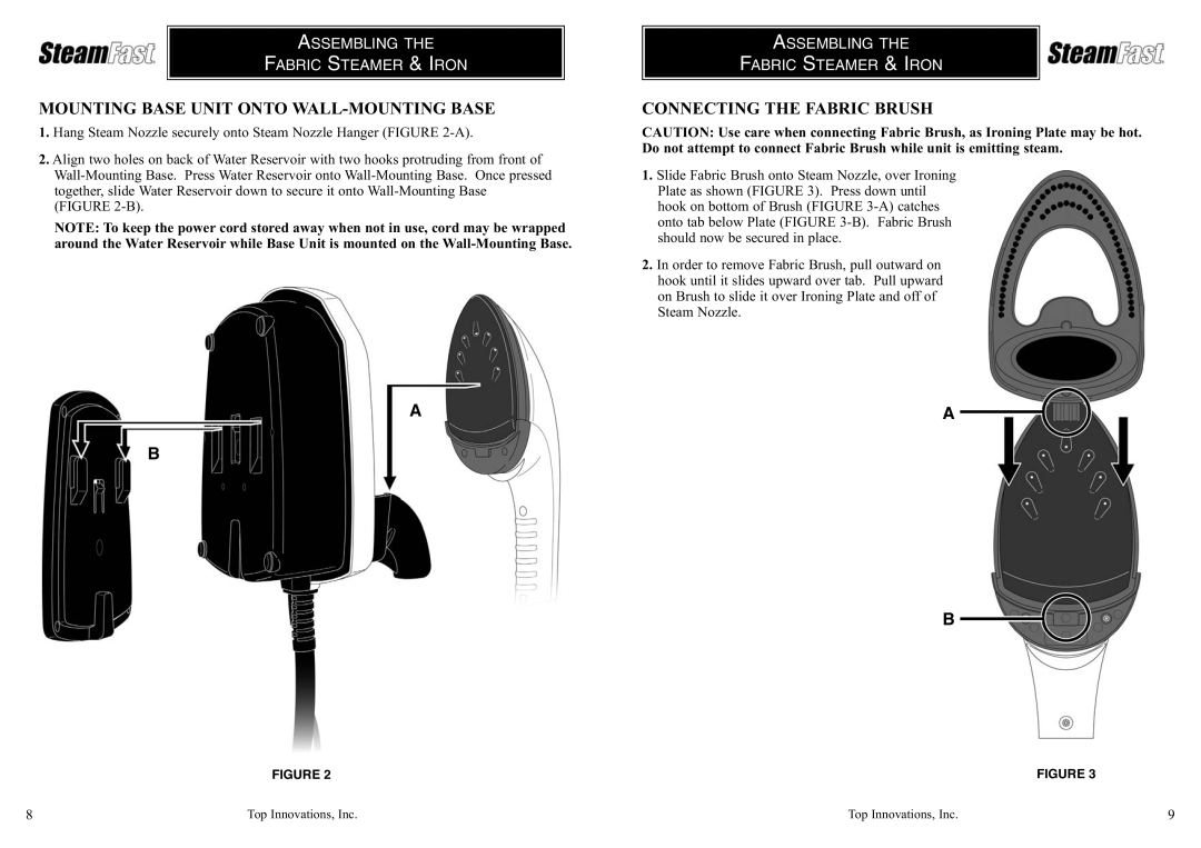 Top Innovations SF-432 warranty Mounting Base Unit Onto WALL-MOUNTING Base, Connecting the Fabric Brush 