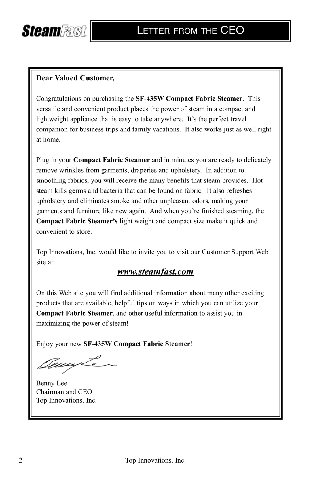 Top Innovations SF-435W warranty Letter from the CEO 