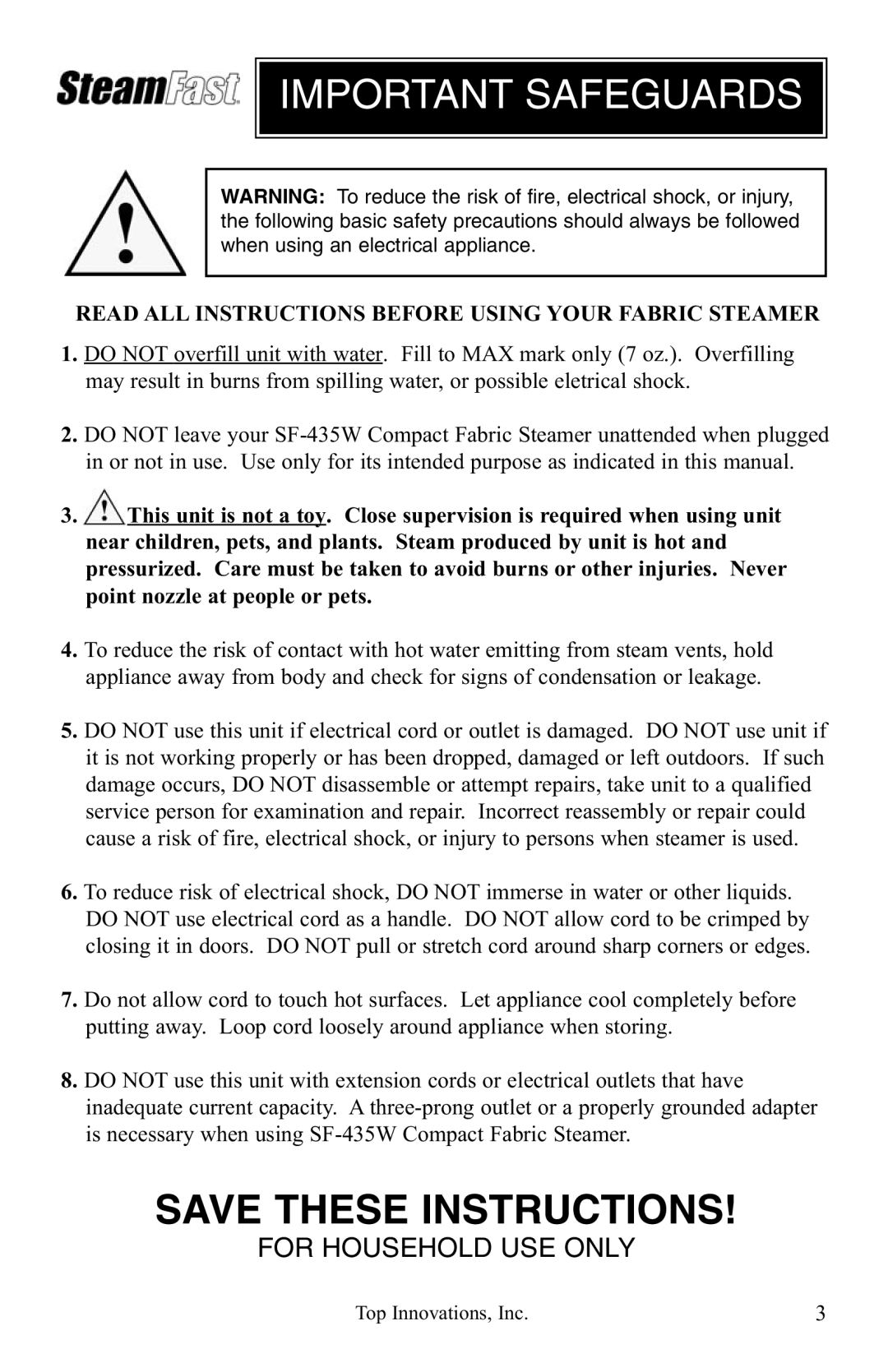 Top Innovations SF-435W warranty Important Safeguards 