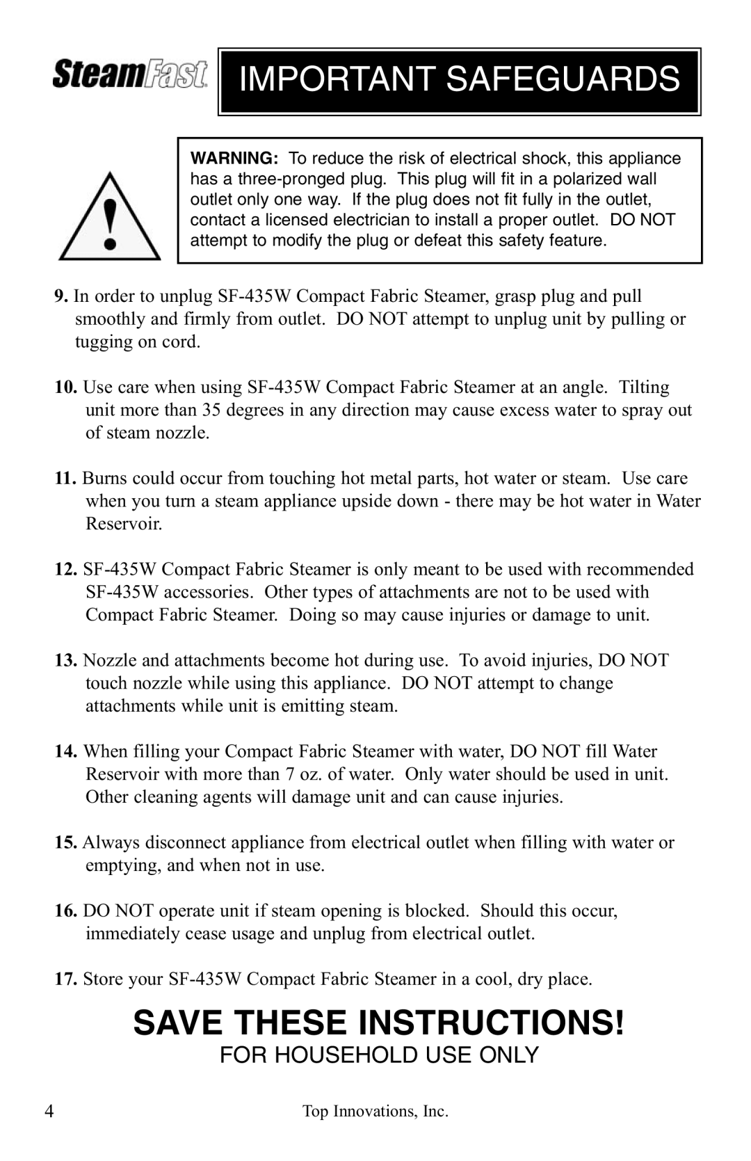 Top Innovations SF-435W warranty Important Safeguards 