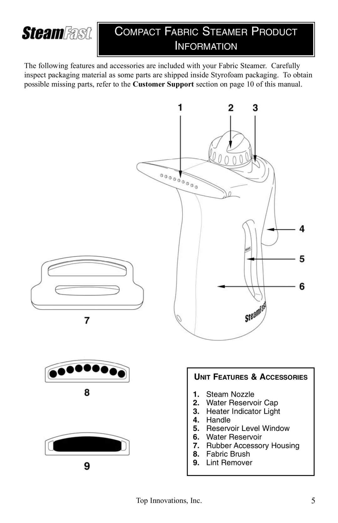 Top Innovations SF-435W warranty Compact Fabric Steamer Product Information 