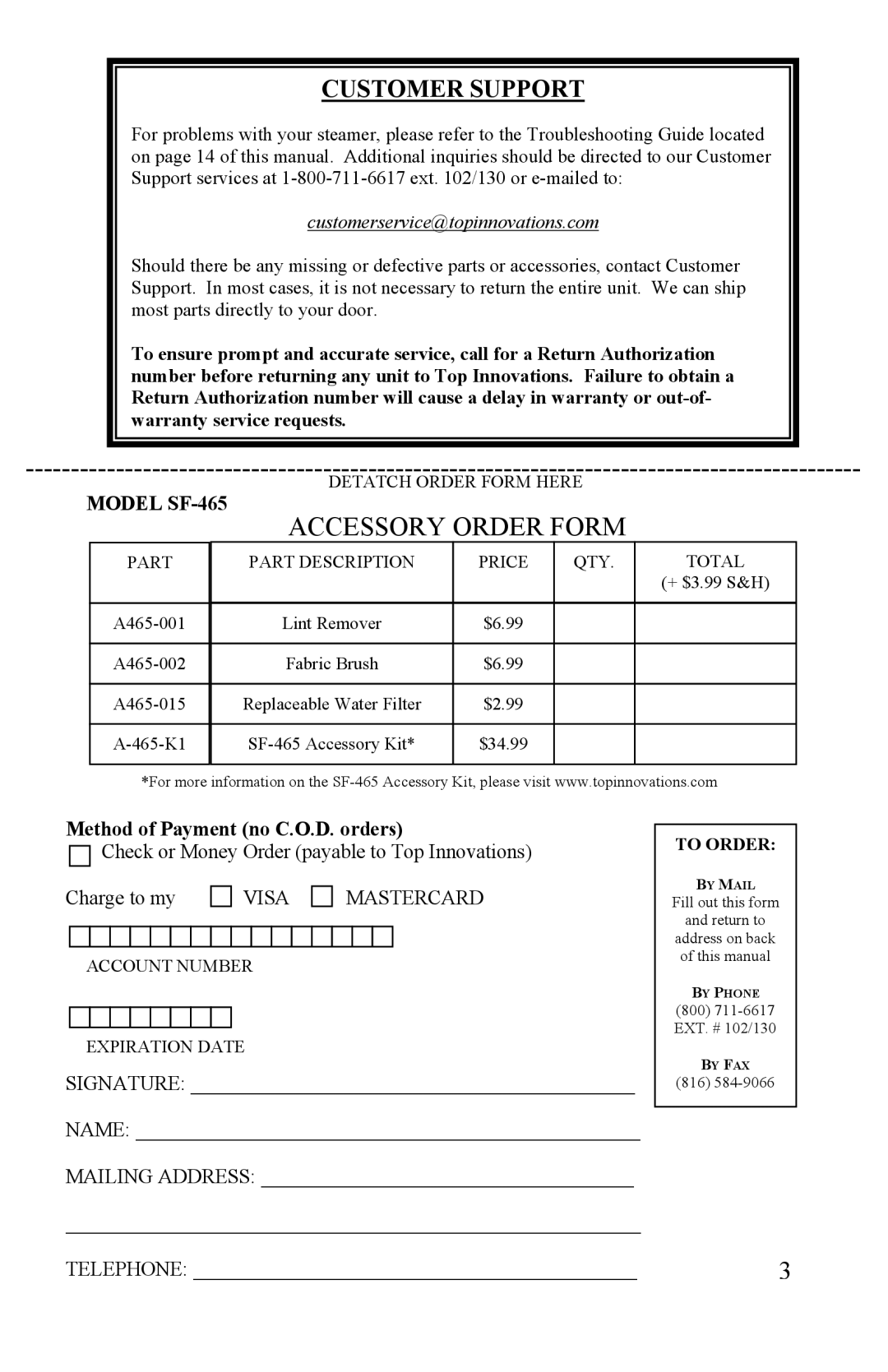 Top Innovations SF-465 warranty Accessory Order Form 