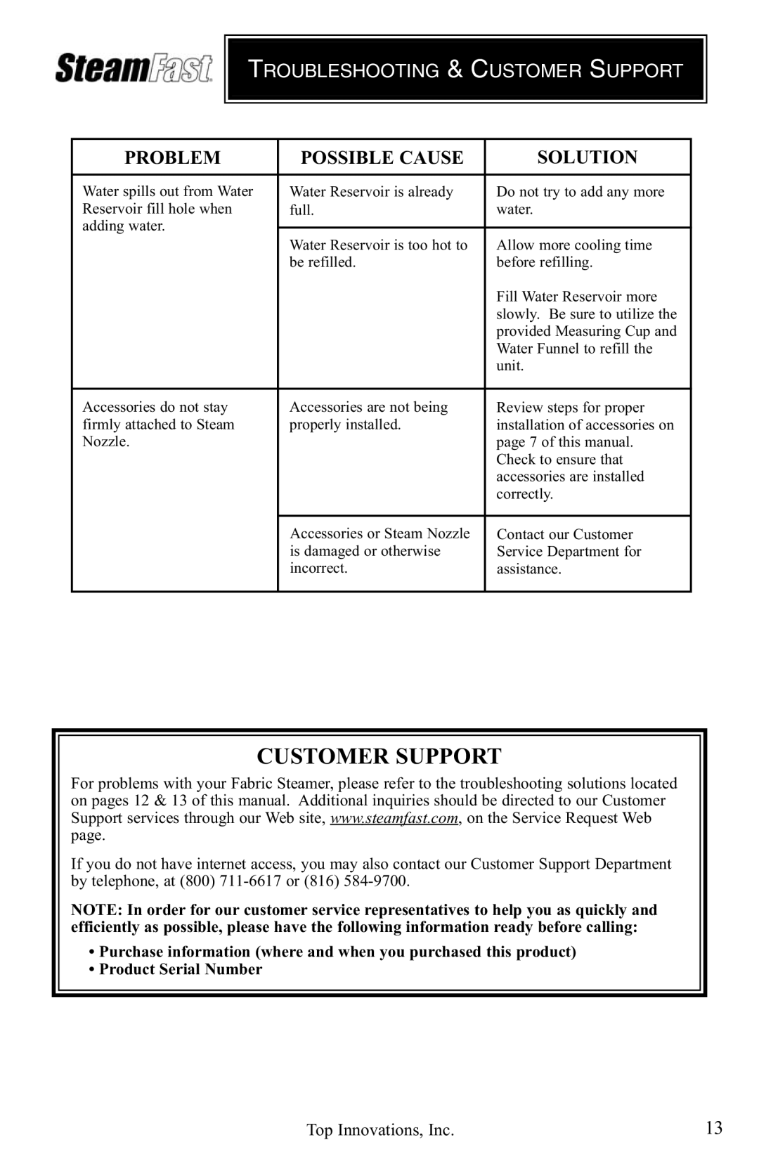 Top Innovations SF-475 warranty Customer Support 