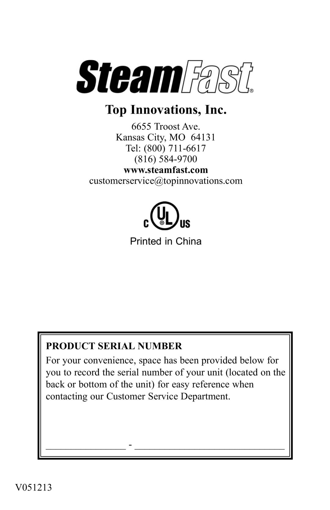 Top Innovations SF-475 warranty Top Innovations, Inc, Product Serial Number 