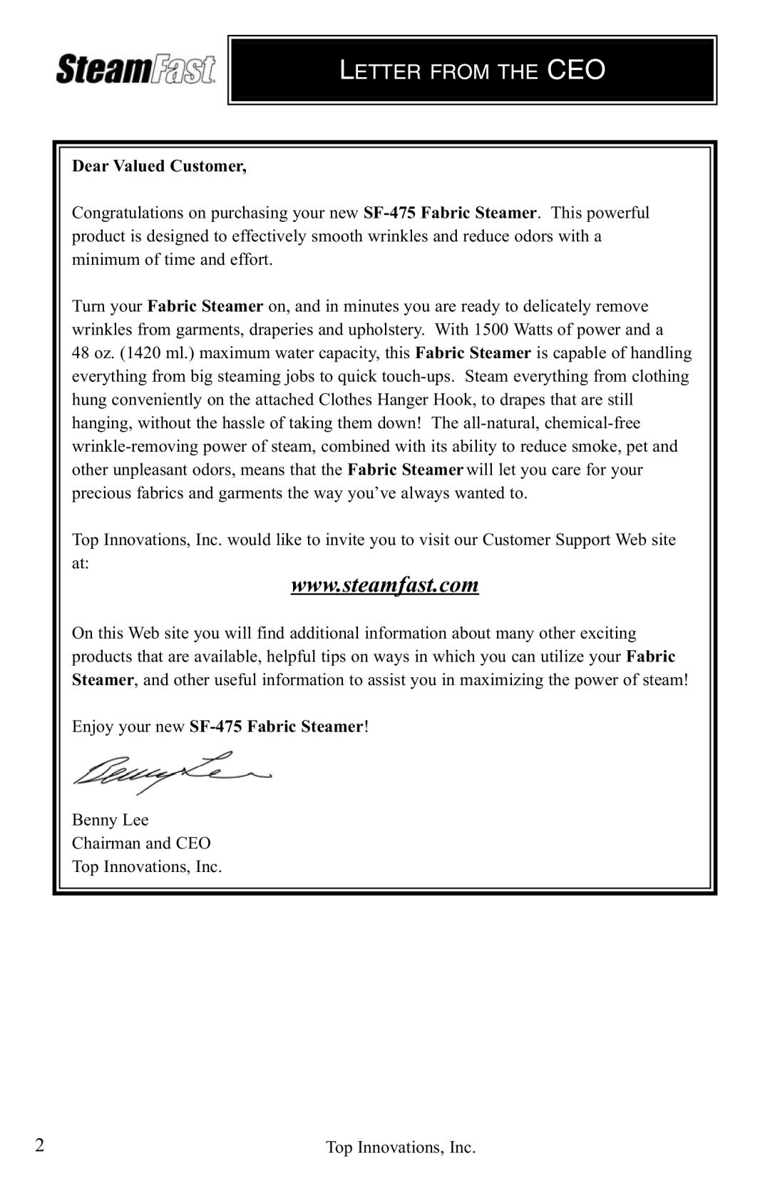 Top Innovations SF-475 warranty Letter from the CEO 