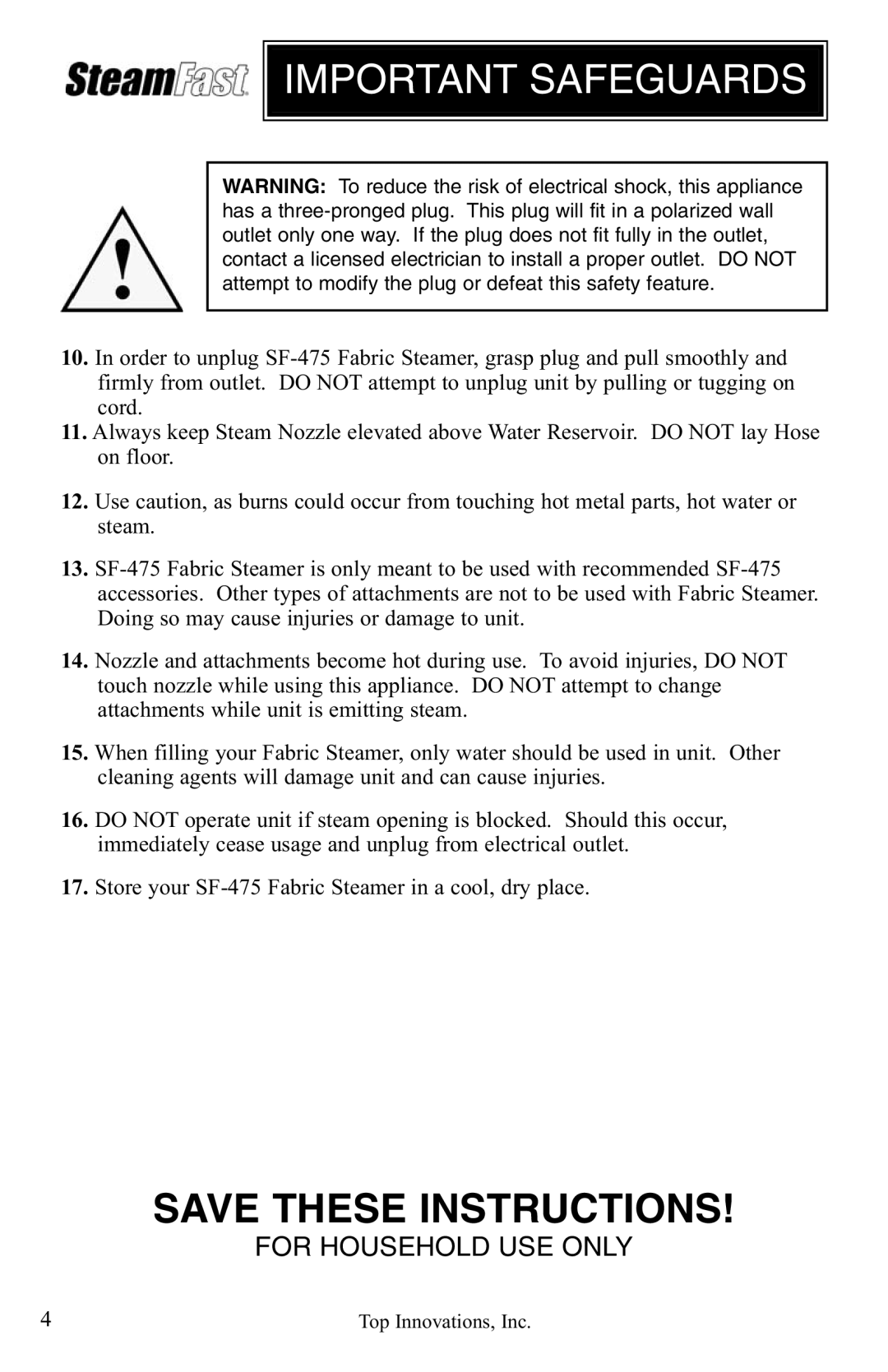 Top Innovations SF-475 warranty Important Safeguards 