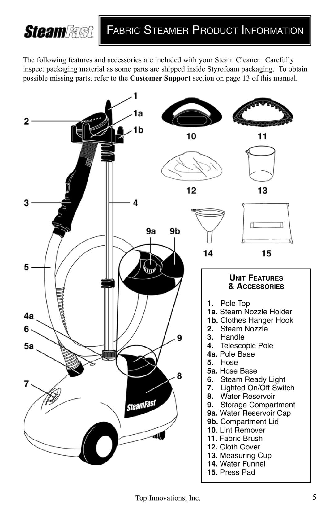 Top Innovations SF-475 warranty Fabric Steamer Product Information 