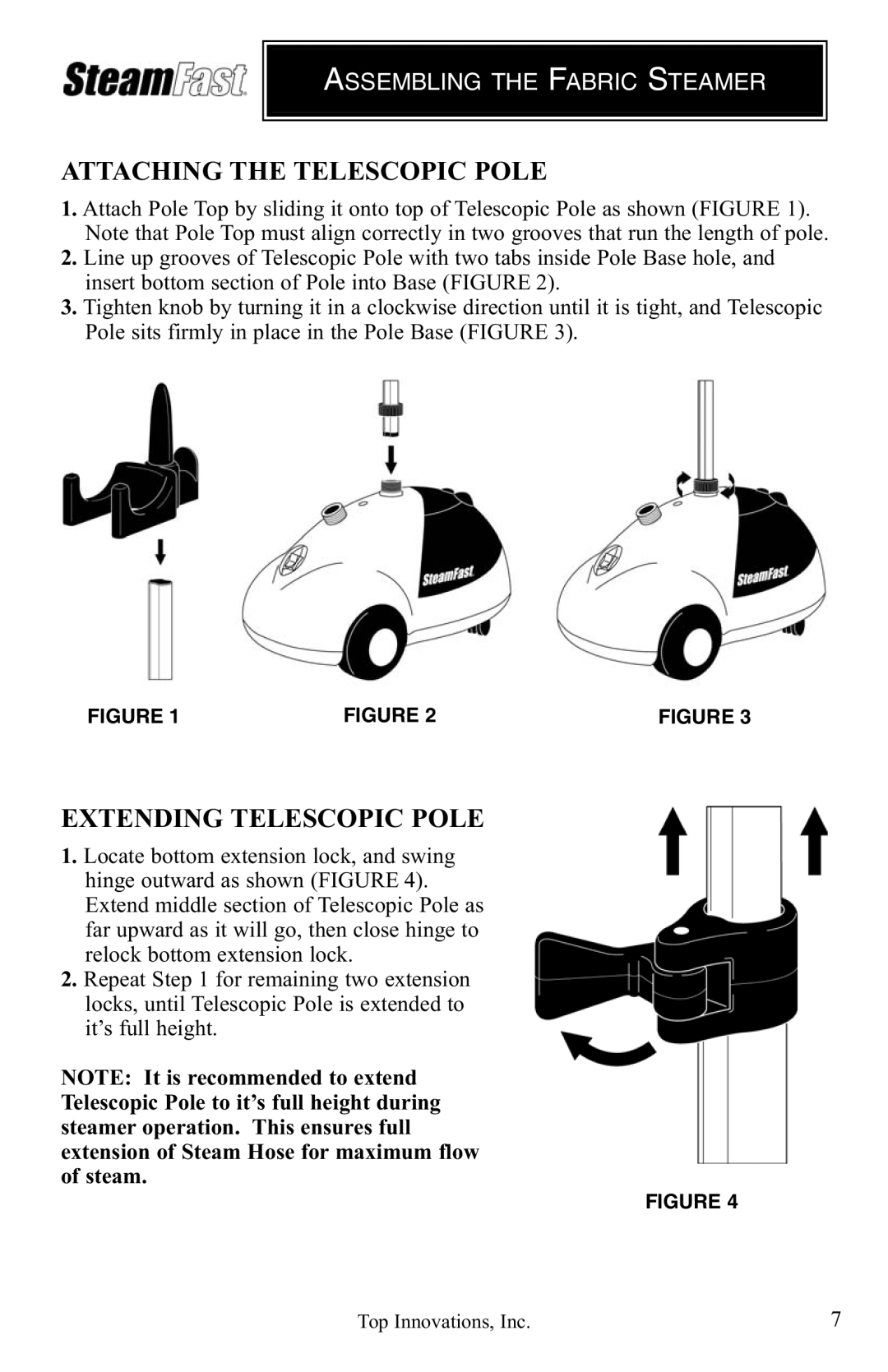 Top Innovations SF-475 warranty Attaching the Telescopic Pole, Extending Telescopic Pole 