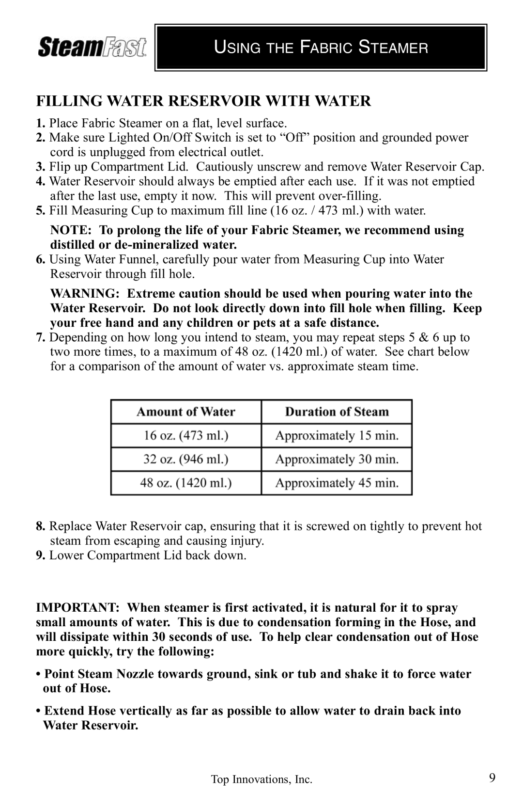 Top Innovations SF-475 warranty Filling Water Reservoir with Water 