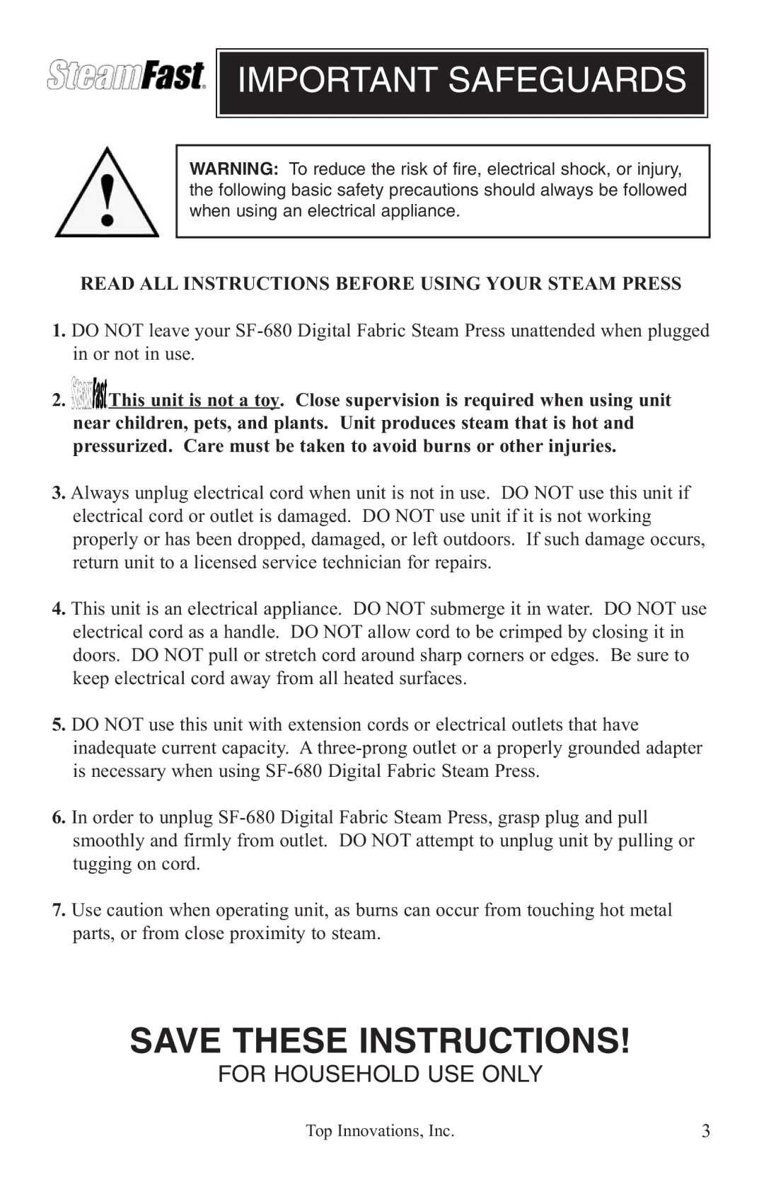 Top Innovations SF-680 warranty Important Safeguards 