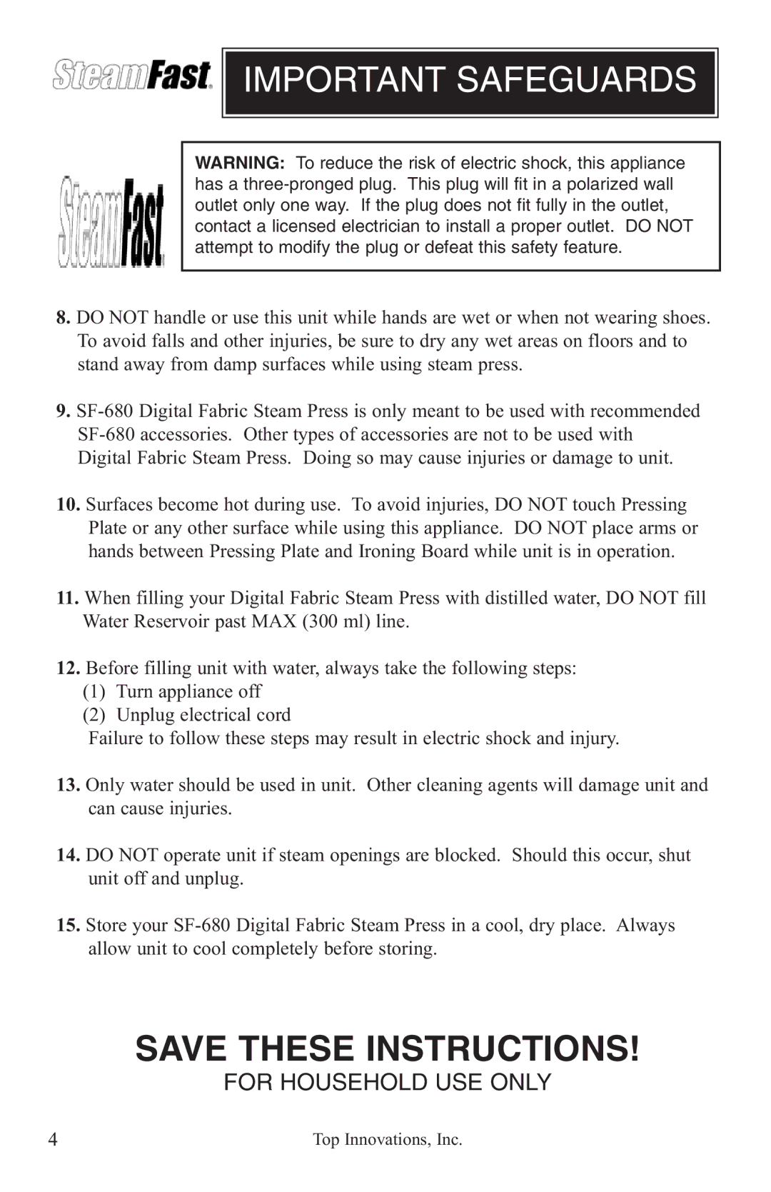 Top Innovations SF-680 warranty Important Safeguards 