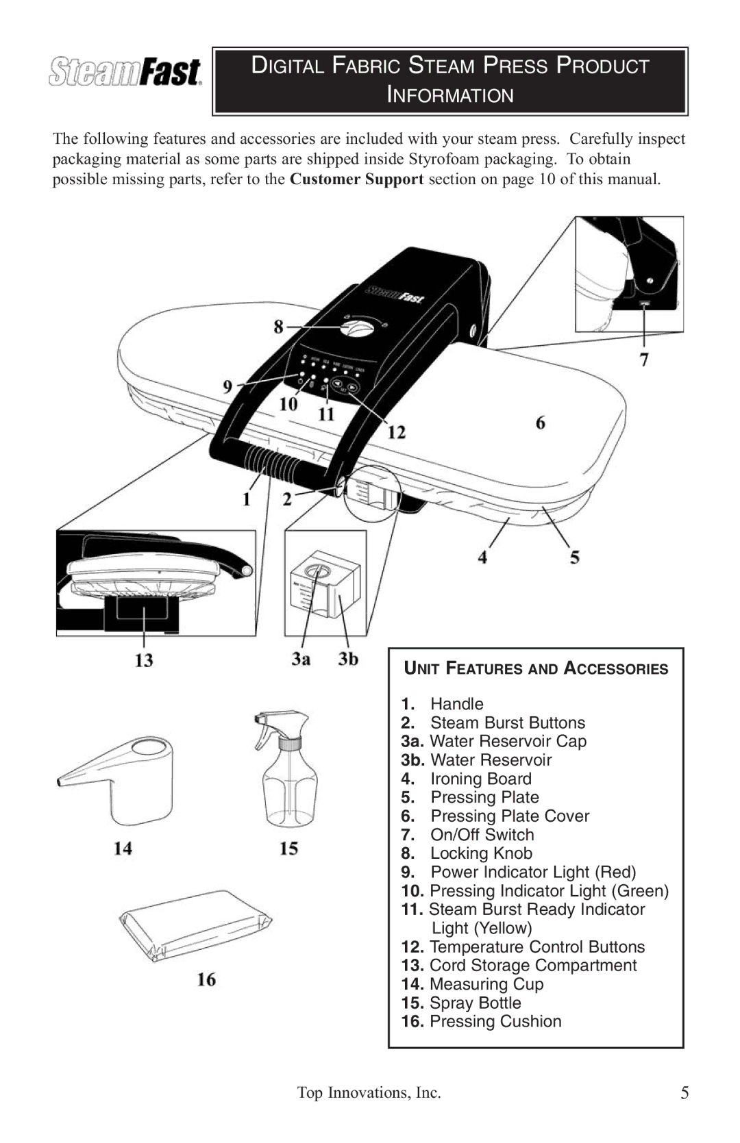 Top Innovations SF-680 warranty Digital Fabric Steam Press Product Information 