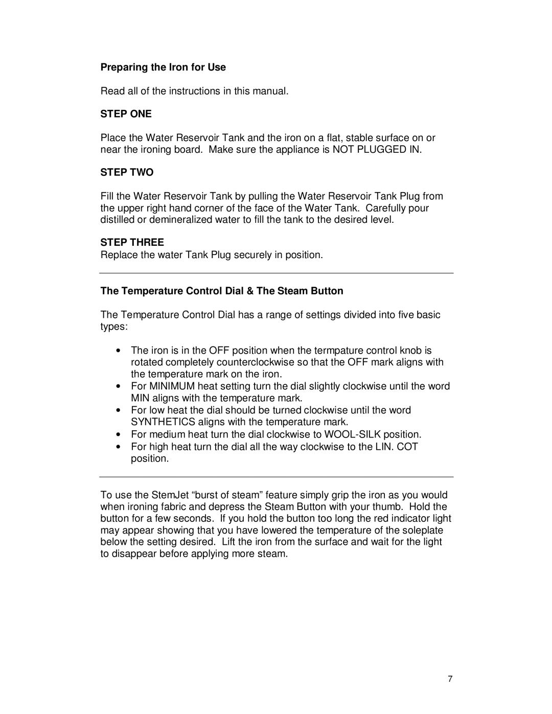 Top Innovations SF-777 instruction manual Preparing the Iron for Use, Step ONE, Step TWO, Step Three 