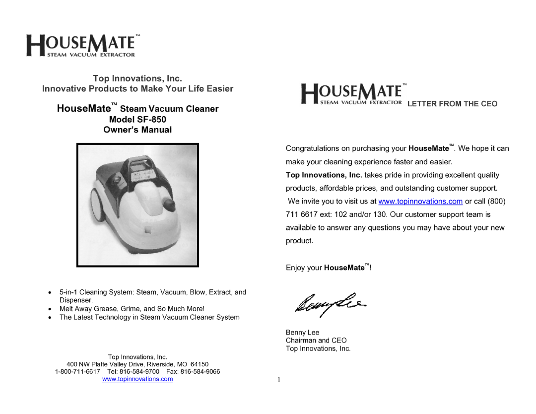 Top Innovations owner manual HouseMate• Steam Vacuum Cleaner Model SF-850, Letter from the CEO 