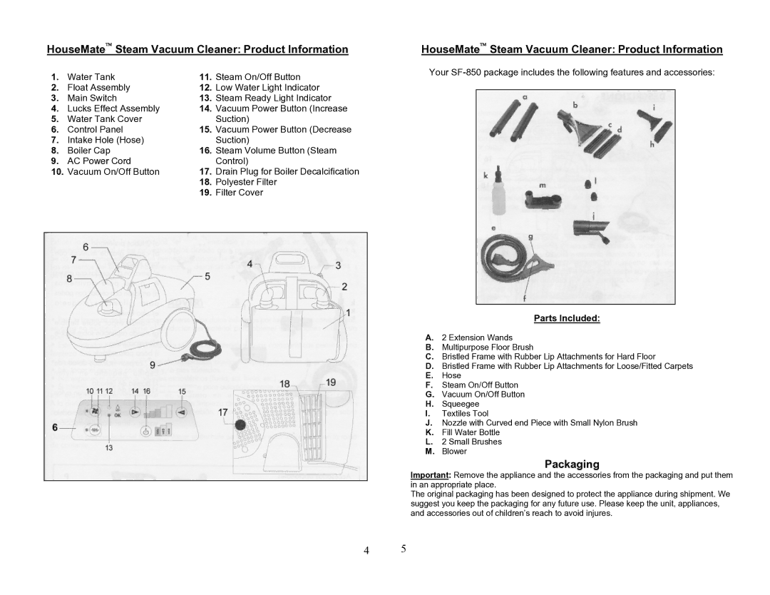 Top Innovations SF-850 owner manual HouseMate• Steam Vacuum Cleaner Product Information, Packaging, Parts Included 