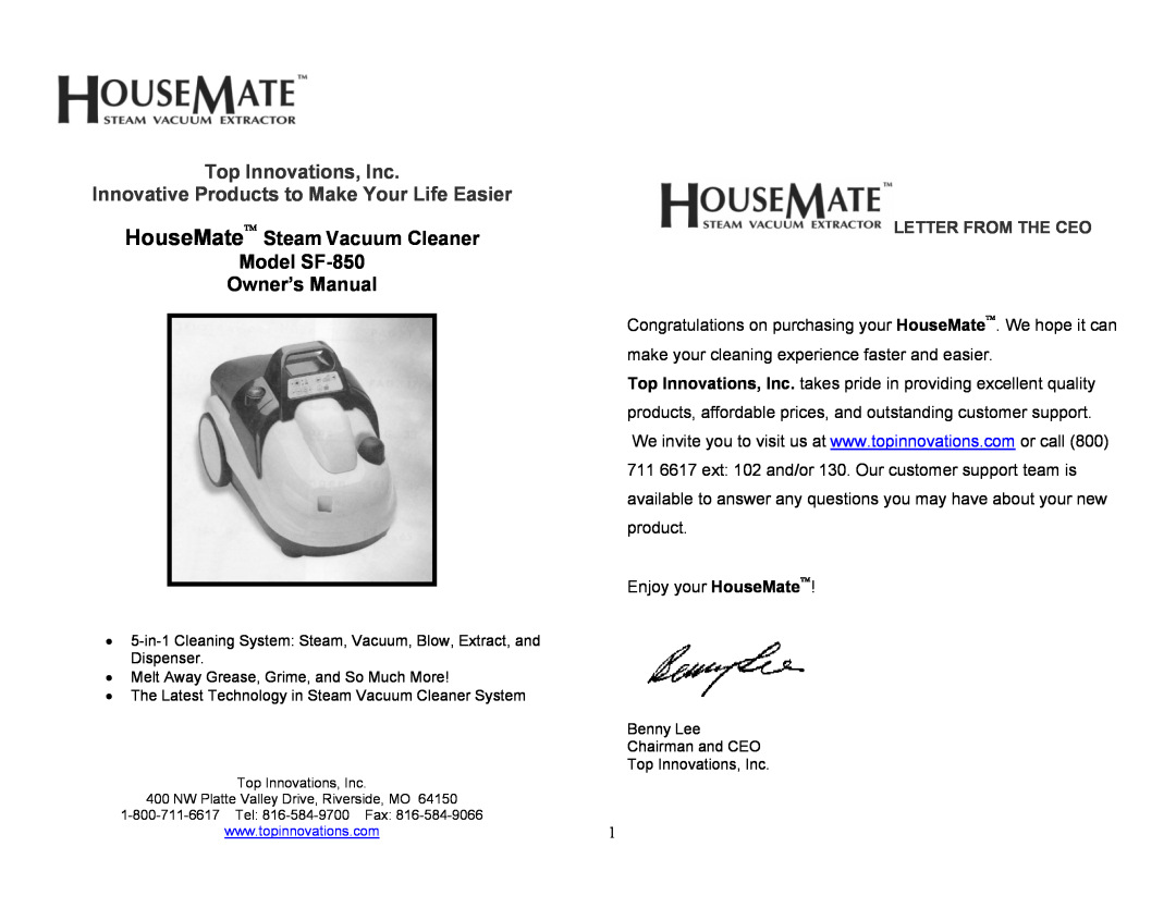 Top Innovations owner manual HouseMate• Steam Vacuum Cleaner Model SF-850, Top Innovations, Inc, Letter From The Ceo 