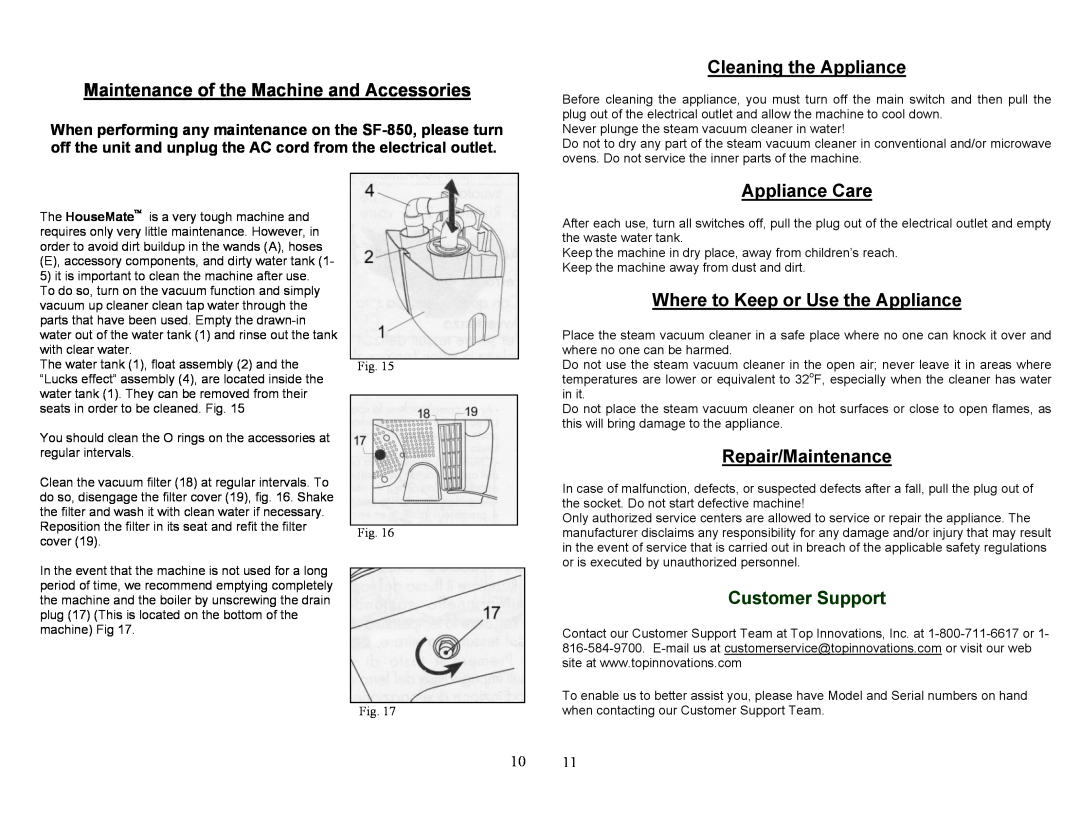 Top Innovations SF-850 owner manual Maintenance of the Machine and Accessories, Cleaning the Appliance, Appliance Care 