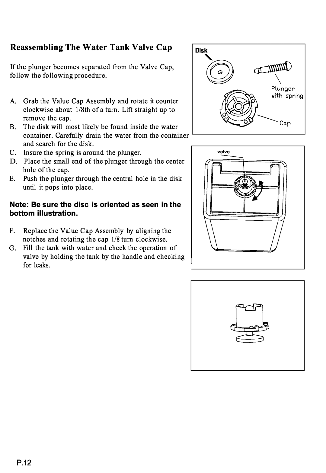 Top Innovations SP-350 manual Reassembling The Water Tank Valve Cap, P.12 