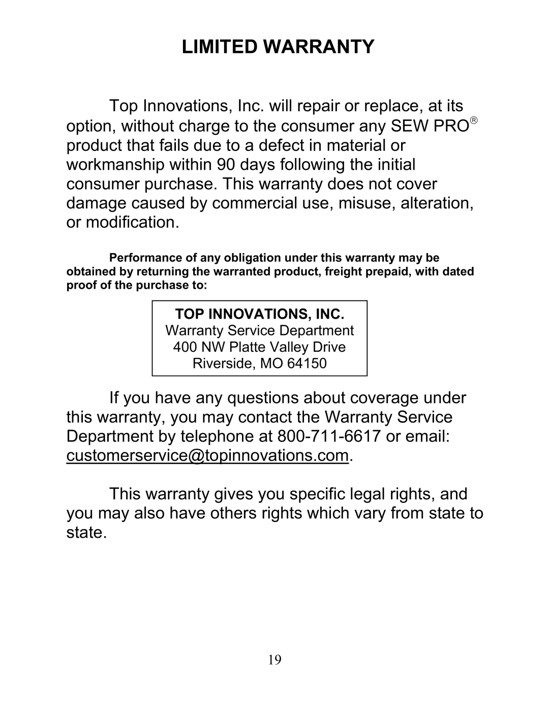 Top Innovations SP-402 owner manual Limited Warranty, Top Innovations, Inc 