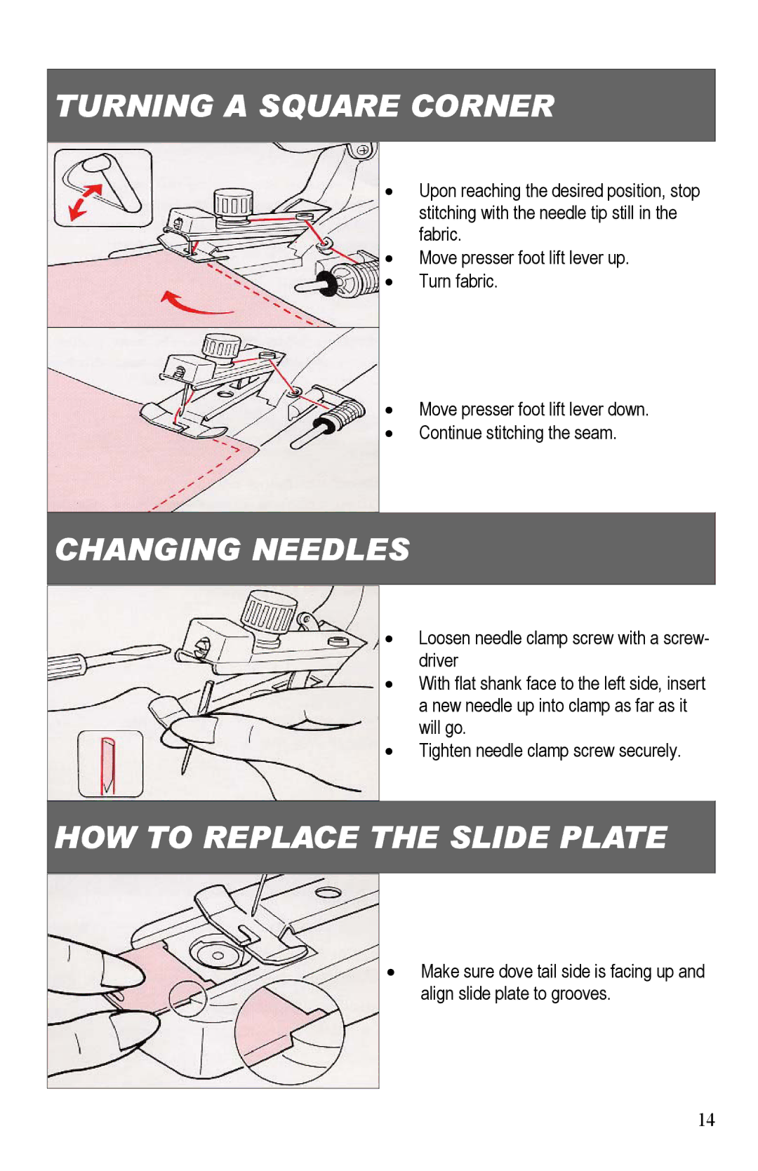 Top Innovations SP-403 owner manual Turning a Square Corner, Changing Needles, HOW to Replace the Slide Plate 